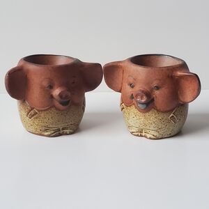 Pair of Vintage Stoneware Happy Pig Egg Cups made in Japan EUC